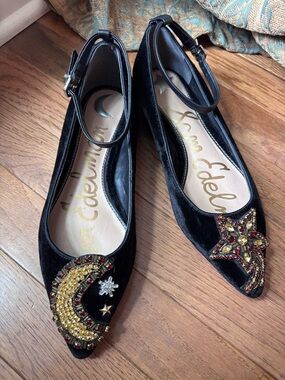 Sam Edelman Rexley Black Velvet Embellished Ankle-Strap Flats